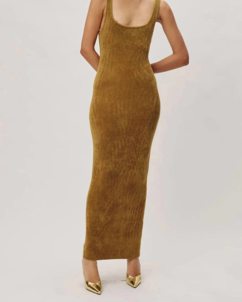 Front of a model wearing a size L Etia Knit Dress In Moss in Moss by RONNY KOBO. | dia_product_style_image_id:353839